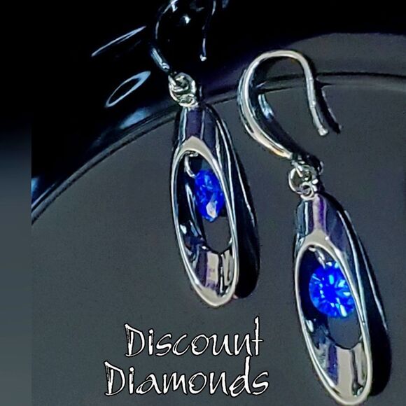 Round Blue Crystal Long Dangle Fishhook Earrings on 925 Silver - Picture 1 of 9